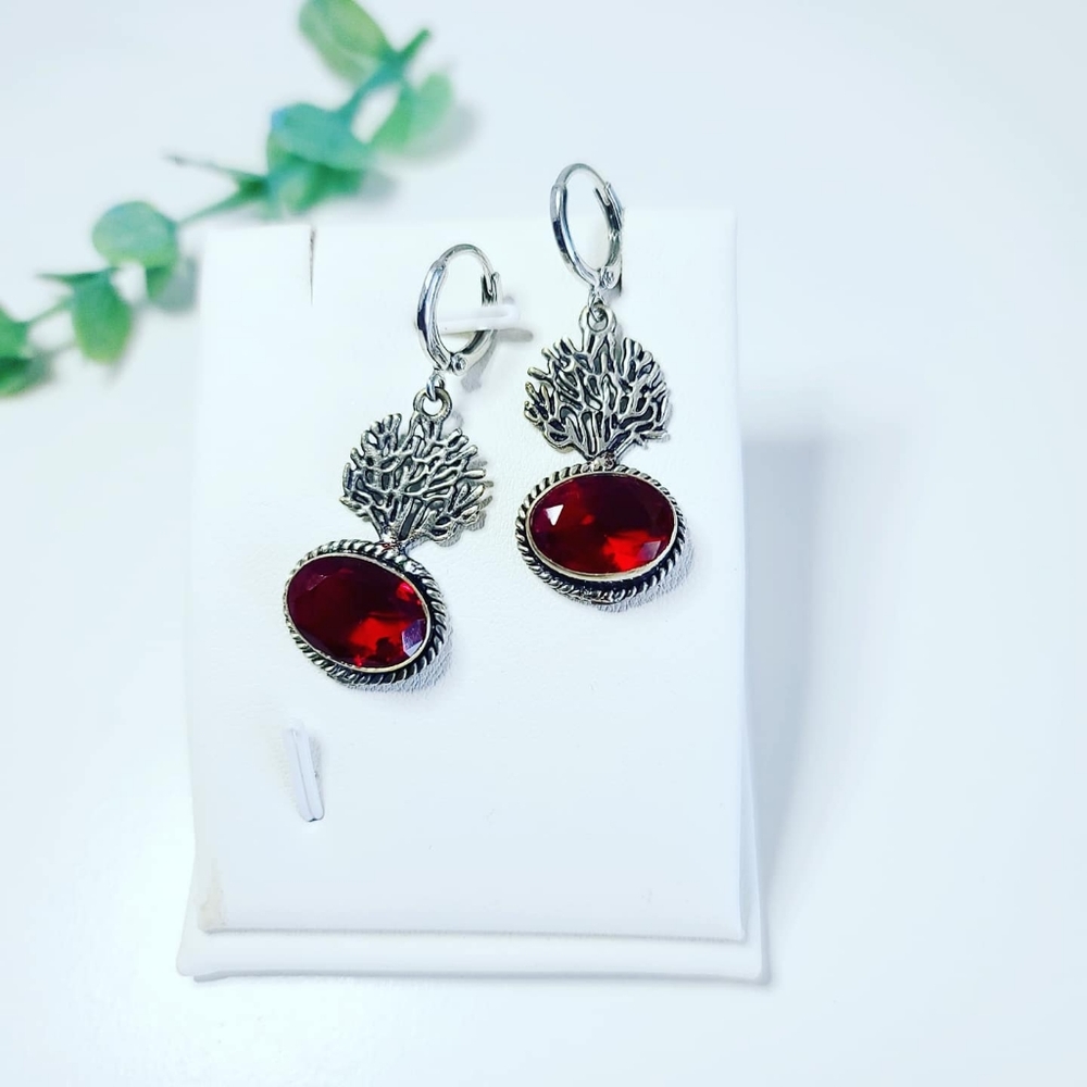 Silver Plated earrings red Crystal, Tree of life